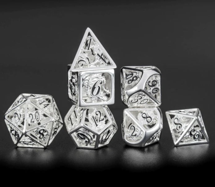 Hollow Metal Dragon Dice Set Shiny Silver - Hymgho