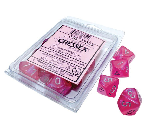 Borealis: Pink/Silver Luminary Set of Ten Luminary d10s - Chessex