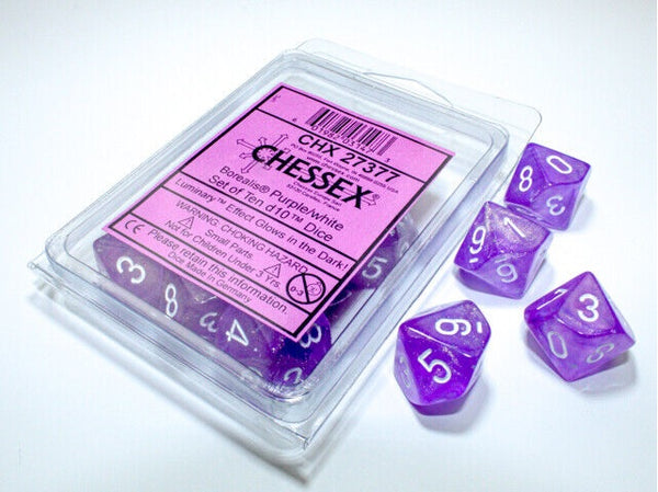 Borealis: Purple/White Luminary Set of Ten Luminary d10s - Chessex