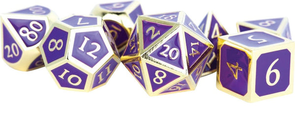 16mm Metal Polyhedral Dice Set: Gold with Purple Enamel (7) - MDG