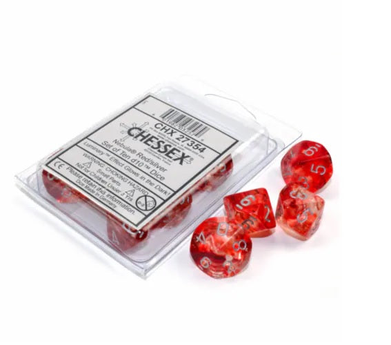 Nebula: Red/silver Luminary Set of Ten Luminary d10s - Chessex
