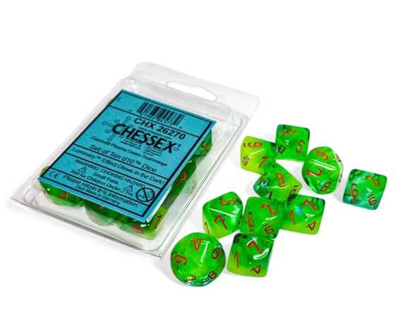 Gemini: Plasma Green-Teal / Orange Luminary Set of Ten d10s - Chessex