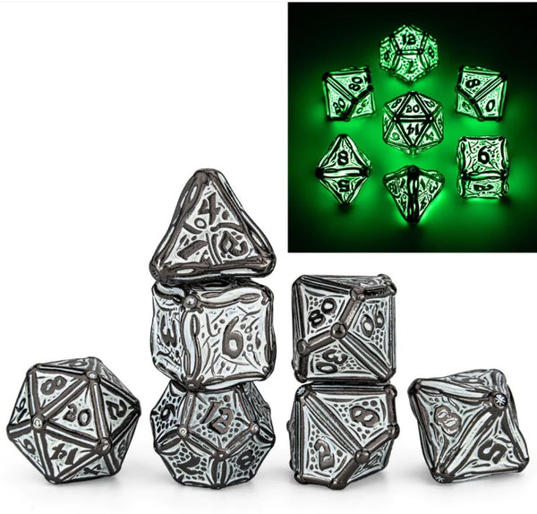 Glow in the Dark Solid Metal Druid Polyhedral Dice Set - Hymgho