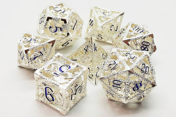 Hollow Dragon Metal Dice Silver w/ Blue - Old School Dice & Accessories